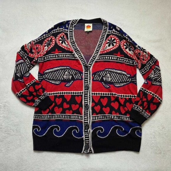 S Farm Rio x Anthropologie navy mixed prints knit cardigan sweater Fish & Hearts - Picture 1 of 11